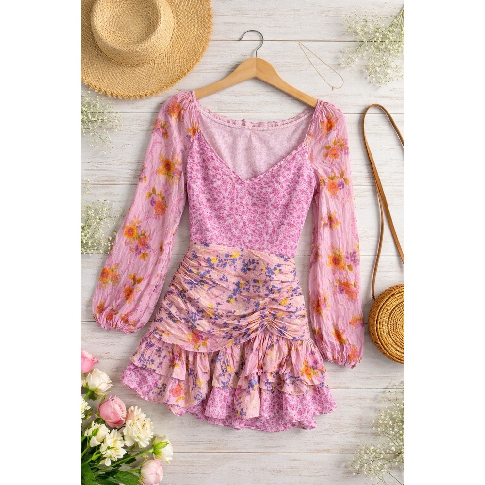 For Love Bell Womens Pink Floral V-Neck Long Sleeve Ruffled Tiered Mini Dress S